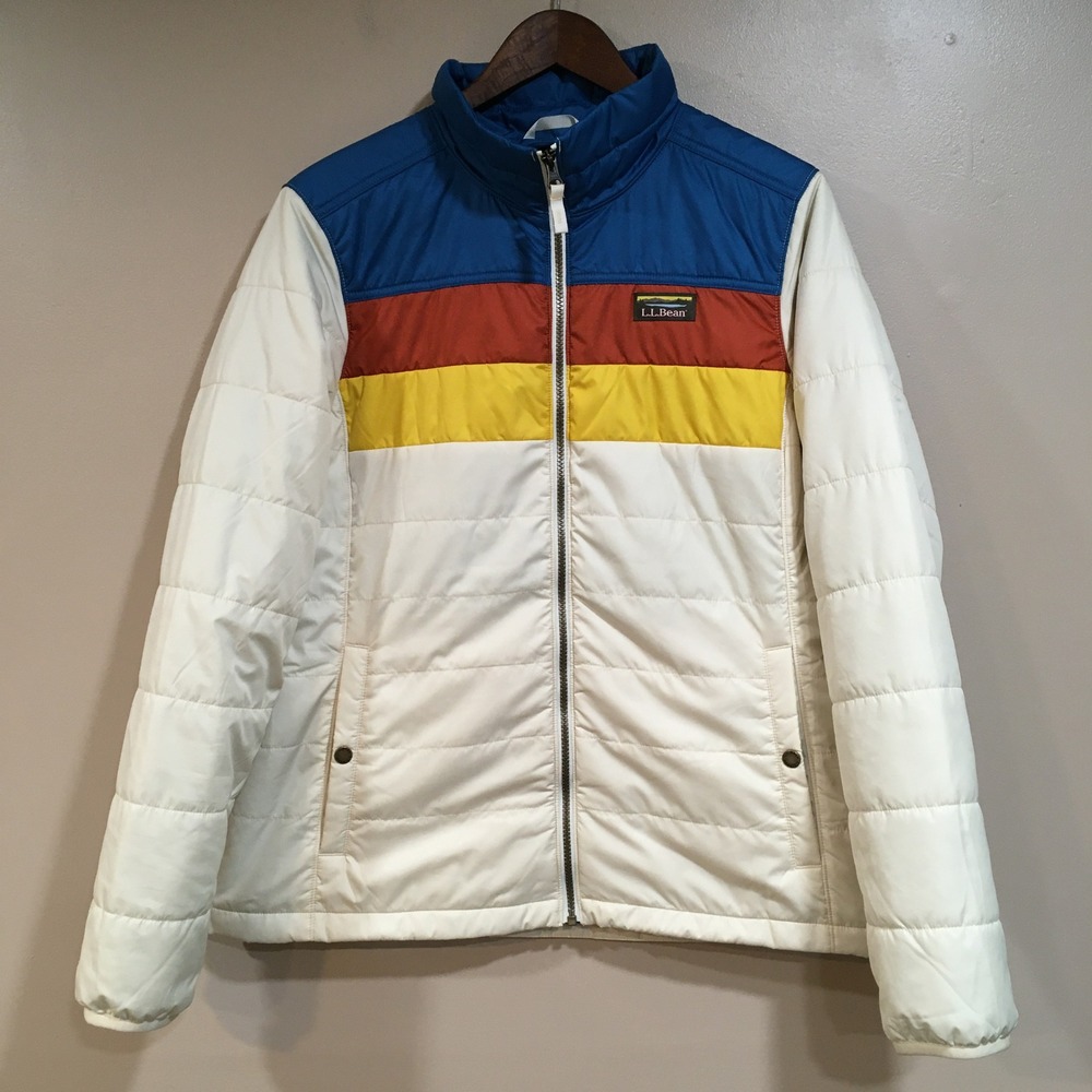 LL Bean Colorblock Mountain Classic Puffer Jacket Women L White Retro 70s Ski